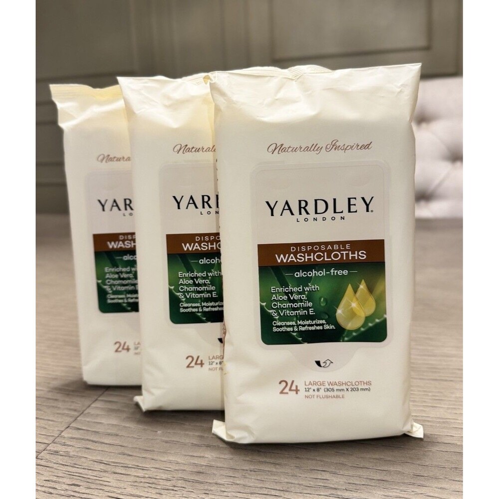YARDLEY LONDON Disposable Washcloth (72ct) Aloe Vera Chamomile Vitamin E. 3 PACK